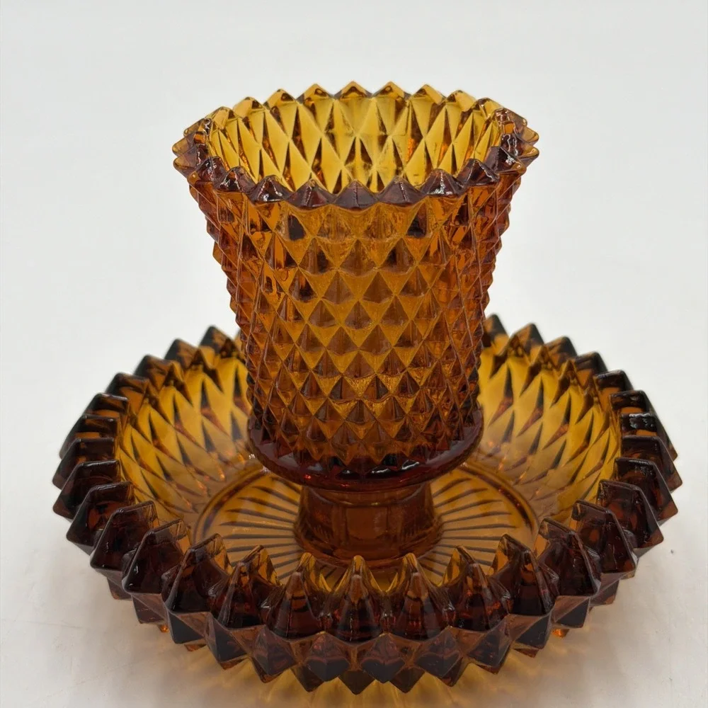 Vintage Indiana Glass Amber Diamond Point Candle Holder/Votive Cup 5